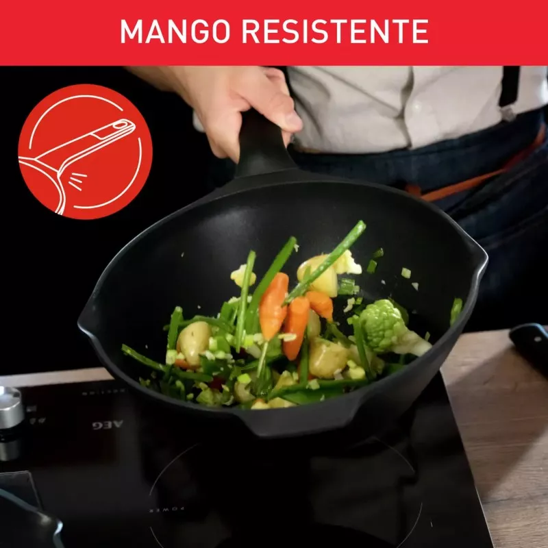 Sartén Tefal Robusto 28 cm antiadherente inducción color negro con mango resistente y diseño ergonómico.