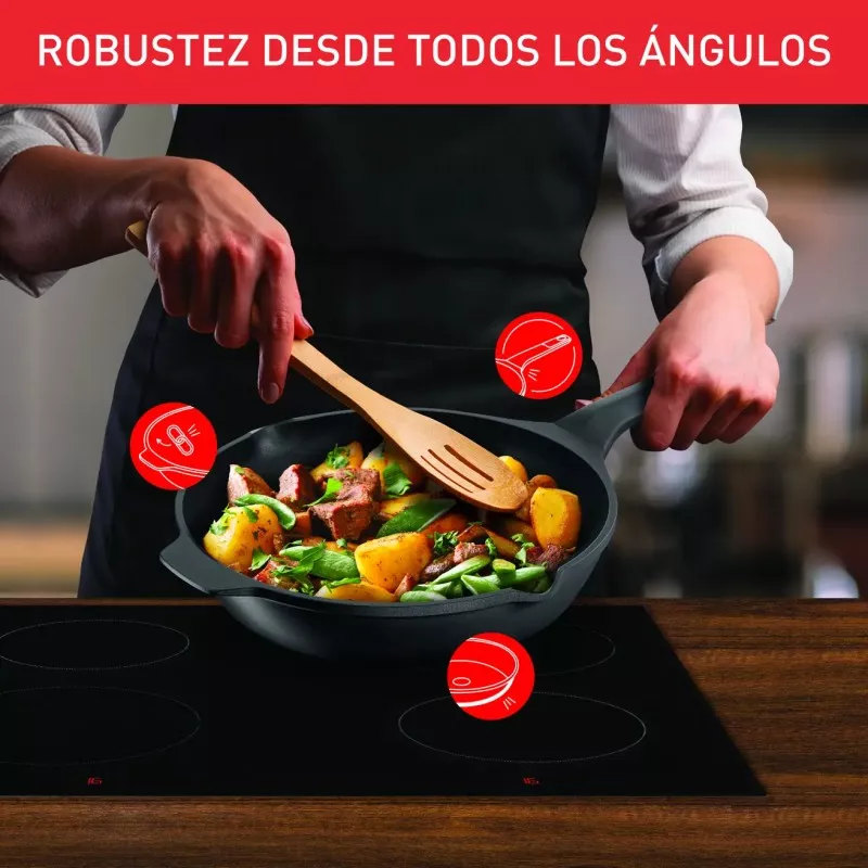 Sartén Tefal Robusto 26 cm aluminio inducción color negro con diseño ergonómico y acabado antiadherente