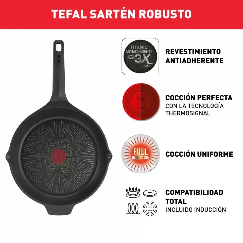 Sartén Tefal Robusto 26 cm de aluminio con revestimiento antiadherente y tecnología de cocción Thermo-Spot.