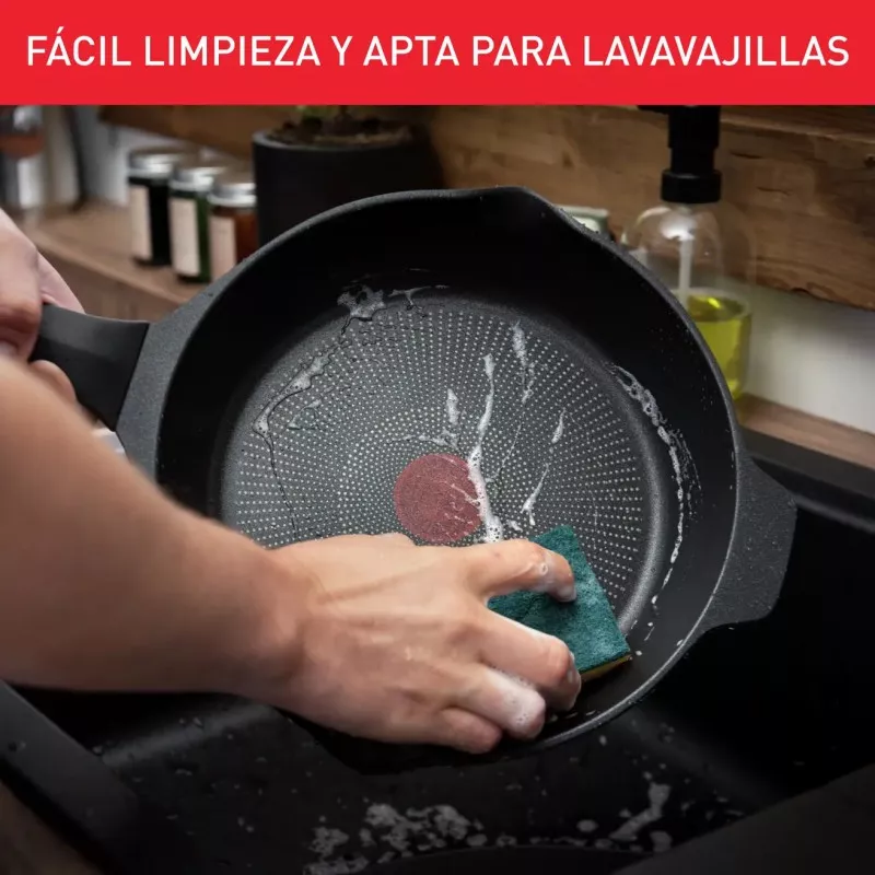 Sartén Tefal Robusto 24 cm de aluminio fundido, color negro, diseño antiadherente y fácil limpieza.