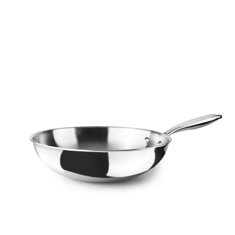 Wok Ibili Triply Natural 30 cm de acero inoxidable para inducción con acabado pulido y diseño ergonómico.