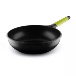 Wok aluminio fundido antiadherente 28cm Fundix Castey negro con mango ergonómico y diseño elegante.