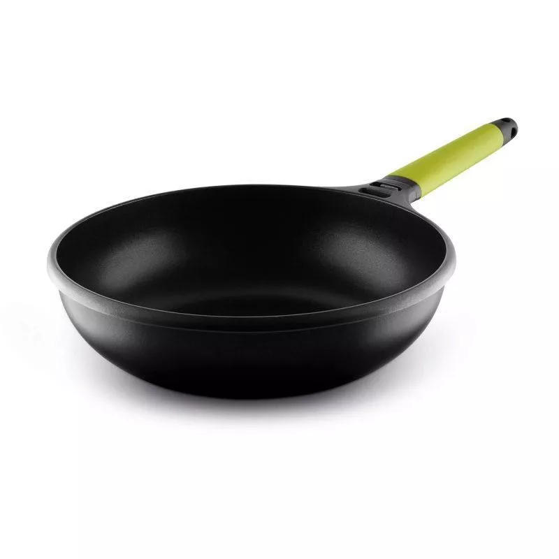 Wok aluminio fundido antiadherente 28cm Fundix Castey negro con mango ergonómico y diseño elegante.