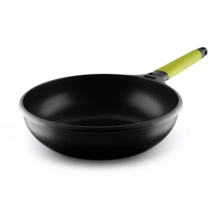 Wok aluminio fundido antiadherente 28cm Fundix Castey negro con mango ergonómico y diseño elegante.
