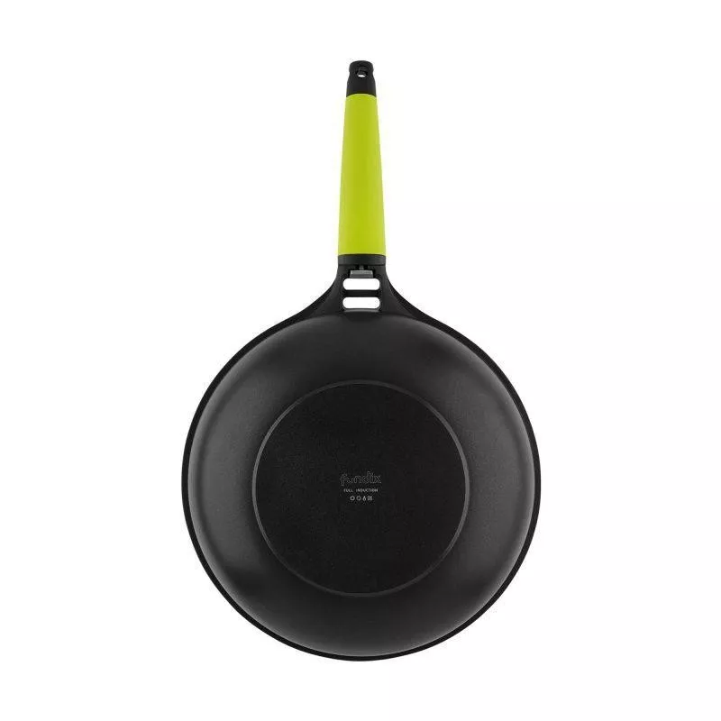 Wok aluminio fundido antiadherente 28cm Fundix Castey color negro con mango ergonómico verde y diseño moderno.