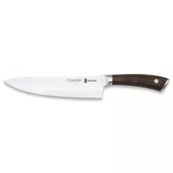 Cuchillo cocinero Tres Claveles Sakura 20cm con hoja martillada y mango de madera oscura, diseño ergonómico.