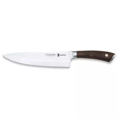 Cuchillo cocinero Tres Claveles Sakura 20cm con hoja martillada y mango de madera oscura, diseño ergonómico.