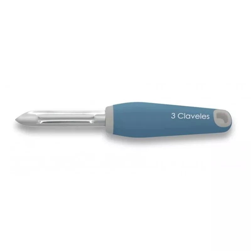 Pelador inox Tres Claveles 04650 con mango azul ergonómico, ideal para patatas, frutas y verduras.