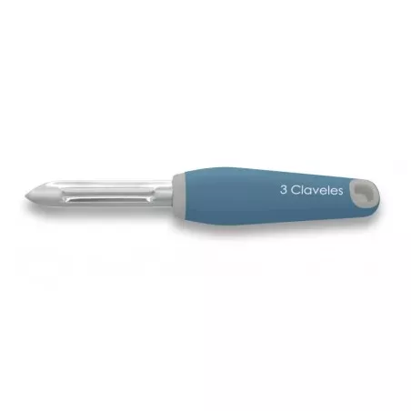 Pelador inox Tres Claveles 04650 con mango azul ergonómico, ideal para patatas, frutas y verduras.