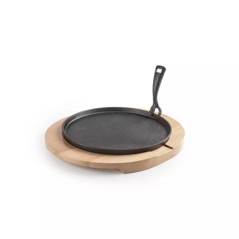 PLATO HIERRO FUNDIDO +BASE MADERA IBILI 627030 negro con acabado mate y soporte de madera elegante
