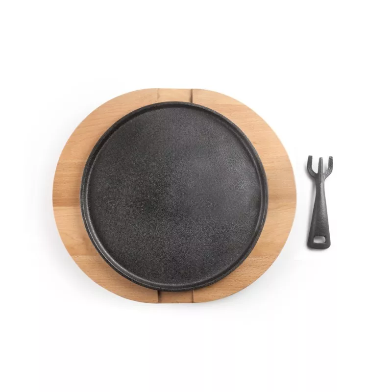PLATO HIERRO FUNDIDO +BASE MADERA IBILI 627030 redondo negro con base de madera y utensilio para servir.