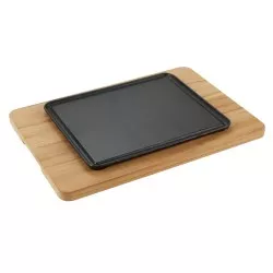 Plancha Tramontina hierro fundido 40x28 cm con base de madera natural y acabado en negro mate