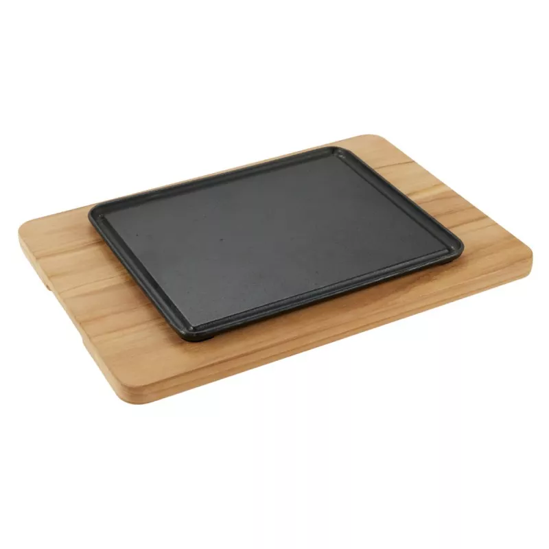 Plancha Tramontina hierro fundido 40x28 cm con base de madera natural y acabado en negro mate