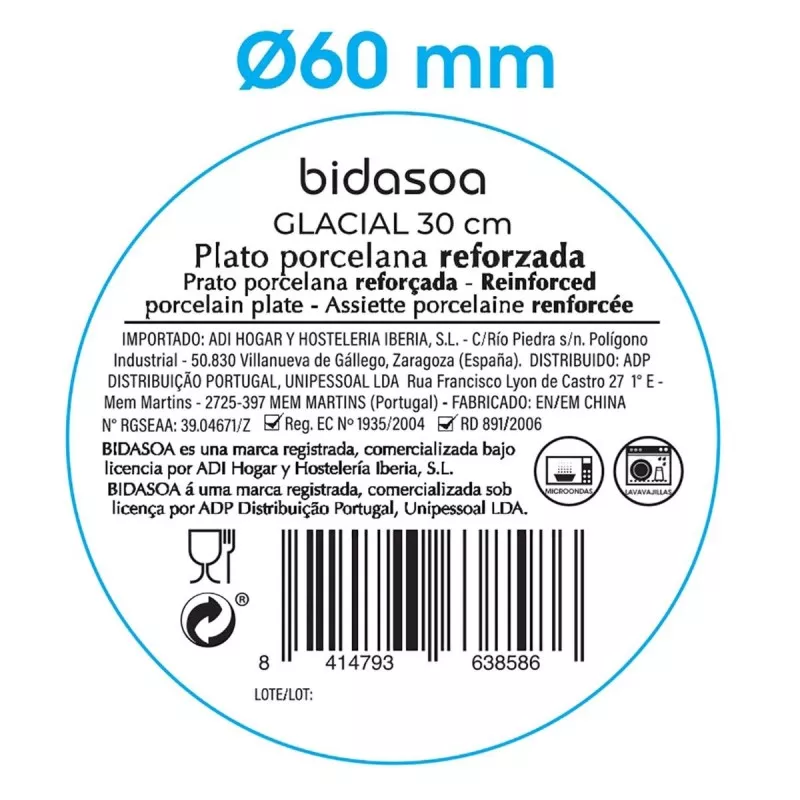 PLATO GLACIAL COUPE LLANO 30 de porcelana blanca reforzada, diámetro de 30 cm, ideal para presentación de platos.
