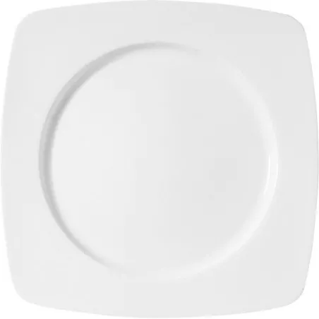 PLATO ARENAS LISO 32*32 de cerámica blanca, diseño cuadrado con acabado brillante, ideal para presentación de alimentos