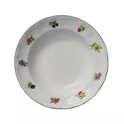 PLATO HONDO C/F FLORES*FRUTAS de cerámica blanca decorado con flores coloridas y borde dorado elegante.