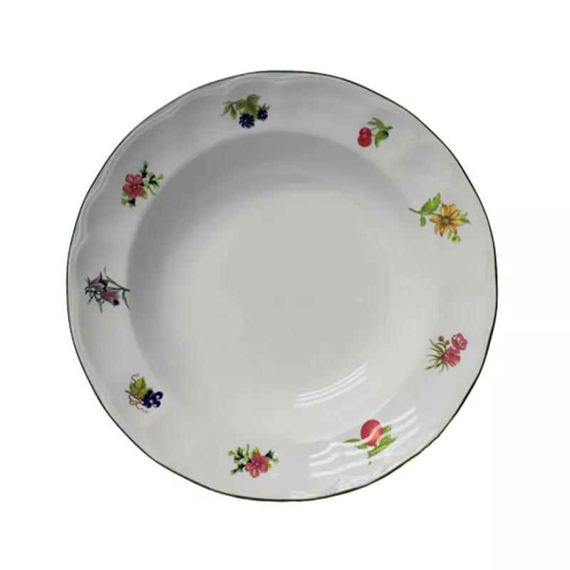 PLATO HONDO C/F FLORES*FRUTAS de cerámica blanca decorado con flores coloridas y borde dorado elegante.
