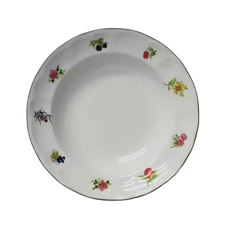 PLATO HONDO C/F FLORES*FRUTAS de cerámica blanca decorado con flores coloridas y borde dorado elegante.