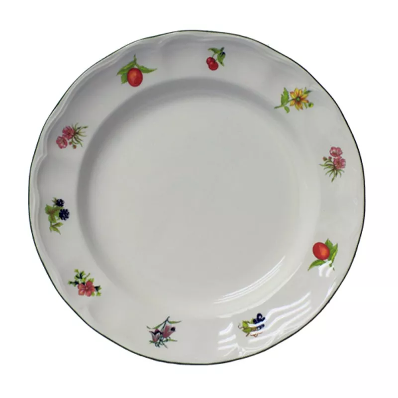 PLATO LLANO C/F FLORES*FRUTAS de cerámica blanca con diseño floral colorido y borde decorativo elegante