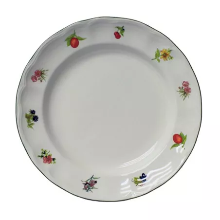 PLATO LLANO C/F FLORES*FRUTAS de cerámica blanca con diseño floral colorido y borde decorativo elegante