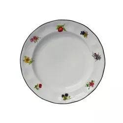 PLATO POSTRE C/F FLORES FRUTAS de cerámica blanca con borde negro y diseño colorido de flores y frutas