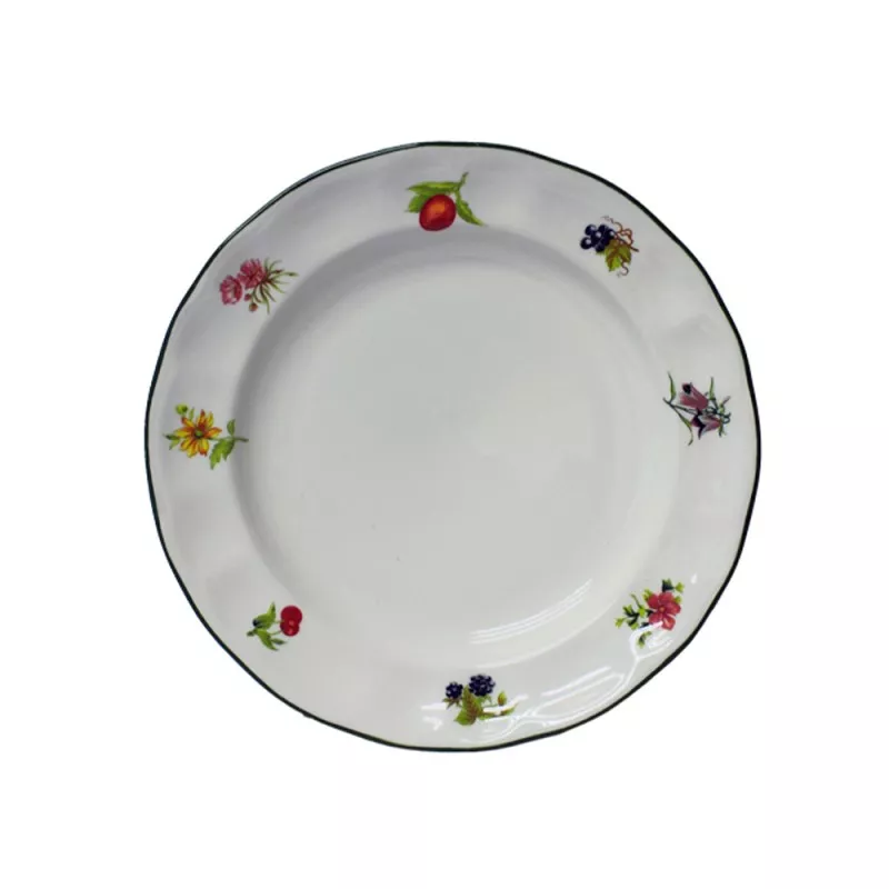 PLATO POSTRE C/F FLORES FRUTAS de cerámica blanca con borde negro y diseño colorido de flores y frutas