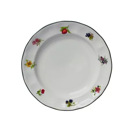 PLATO POSTRE C/F FLORES FRUTAS de cerámica blanca con borde negro y diseño colorido de flores y frutas