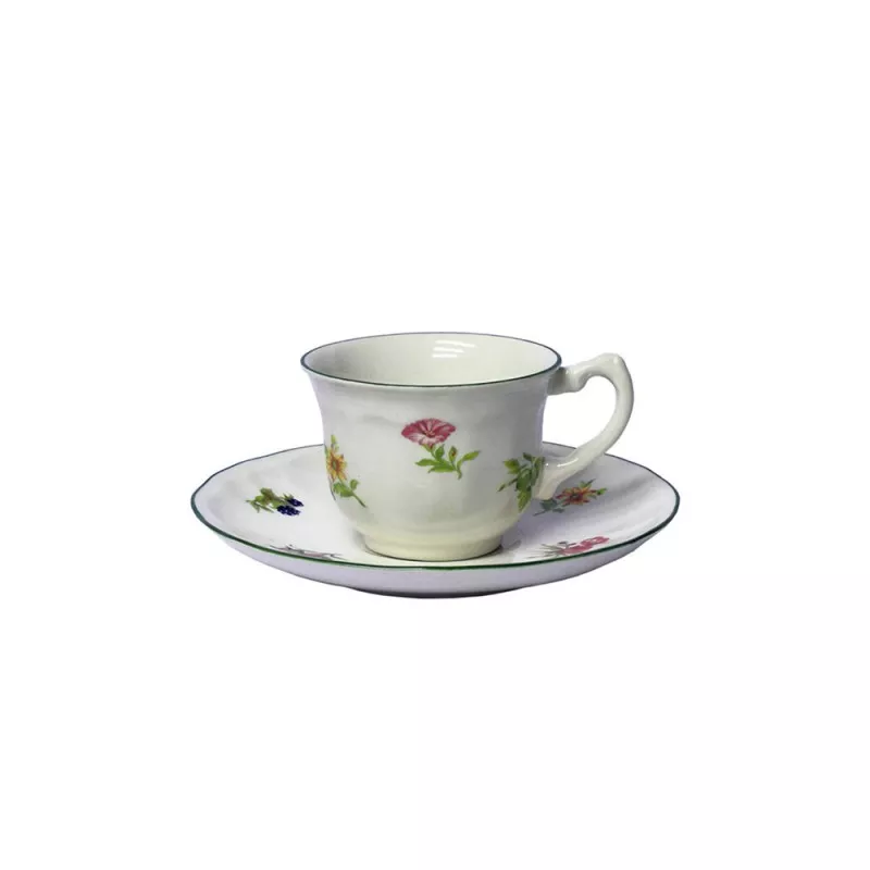 TAZA CAFE C/P FLORES C/FILO de cerámica blanca con diseño floral colorido y acabado brillante.