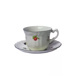 TAZA DESAY. C/P FLORES*C/FILO blanca con borde plateado y diseño floral colorido, incluye plato.