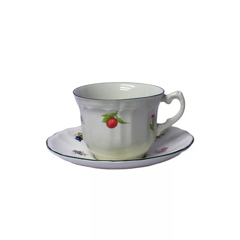 TAZA DESAY. C/P FLORES*C/FILO blanca con borde plateado y diseño floral colorido, incluye plato.