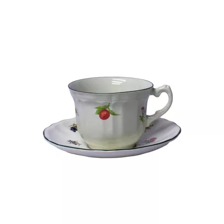 TAZA DESAY. C/P FLORES*C/FILO blanca con borde plateado y diseño floral colorido, incluye plato.