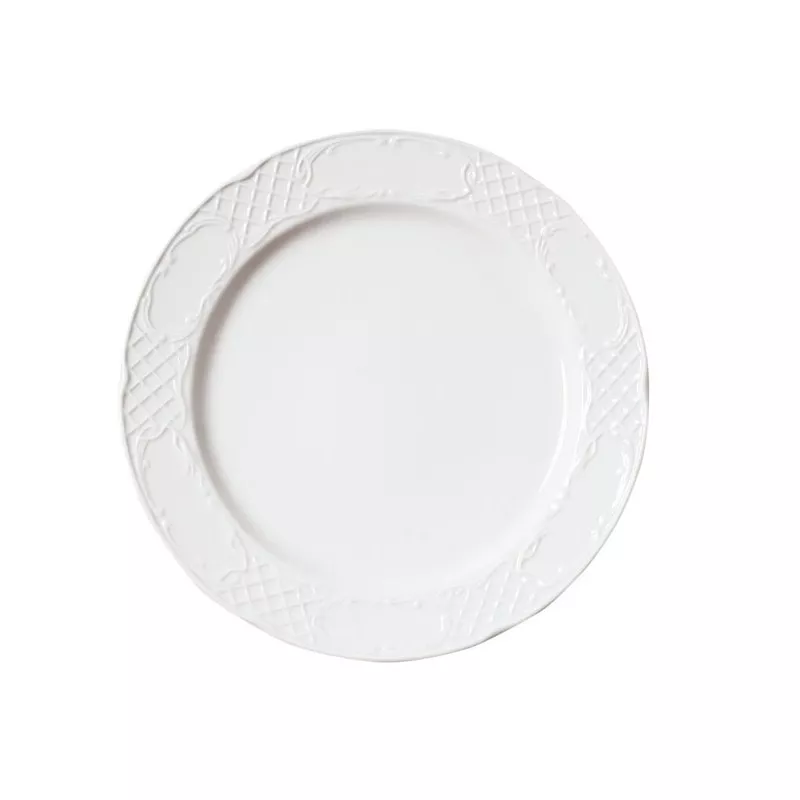 PLATO LLANO AUGUSTA 30 DALPER blanco de cerámica con borde texturizado y diseño elegante, ideal para cualquier mesa