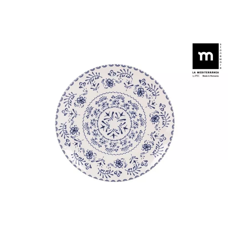 PLATO POSTRE 20 CM. BLUR MONACO BRILLO B26104C con diseño floral en cerámica blanca y detalles en azul marino.