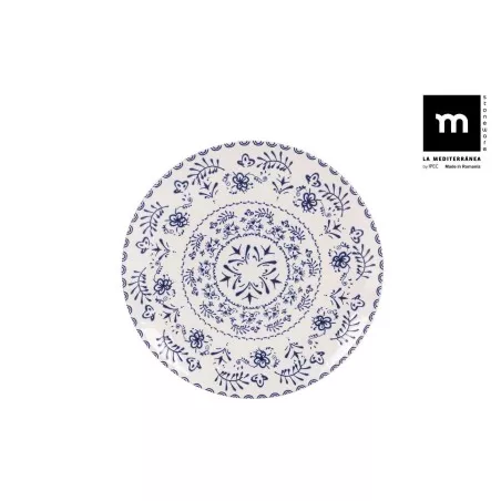 PLATO POSTRE 20 CM. BLUR MONACO BRILLO B26104C con diseño floral en cerámica blanca y detalles en azul marino.
