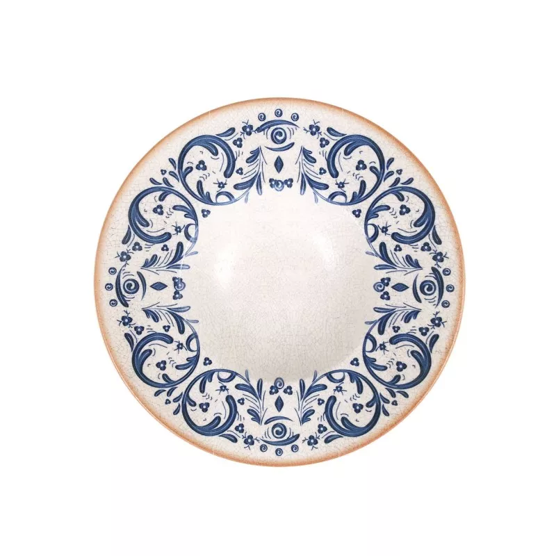 PLATO RISSOTO 28 CM. LAUDUM B928028N cerámico con borde decorado en azul y diseño floral sobre fondo blanco.