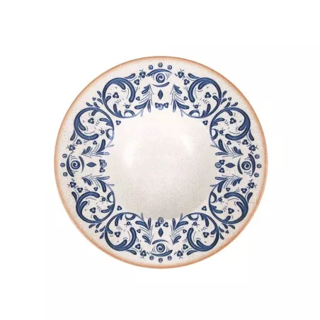 PLATO RISSOTO 28 CM. LAUDUM B928028N cerámico con borde decorado en azul y diseño floral sobre fondo blanco.