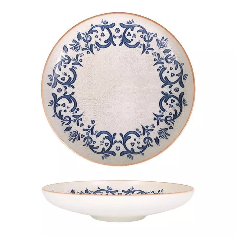 PLATO PASTA 28 CM LAUDUM B928281N cerámico blanco con borde azul decorativo y diseño floral elegante.