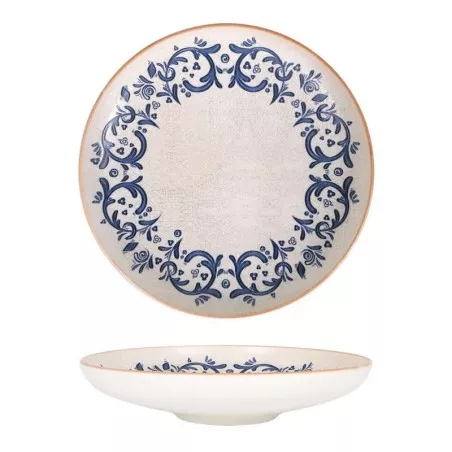 PLATO PASTA 28 CM LAUDUM B928281N cerámico blanco con borde azul decorativo y diseño floral elegante.