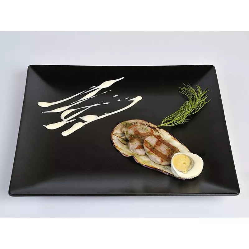 PLATO POSTRE NEGRO 18x18 B2772 rectangular de cerámica con acabado brillante y diseño elegante para servir postres.