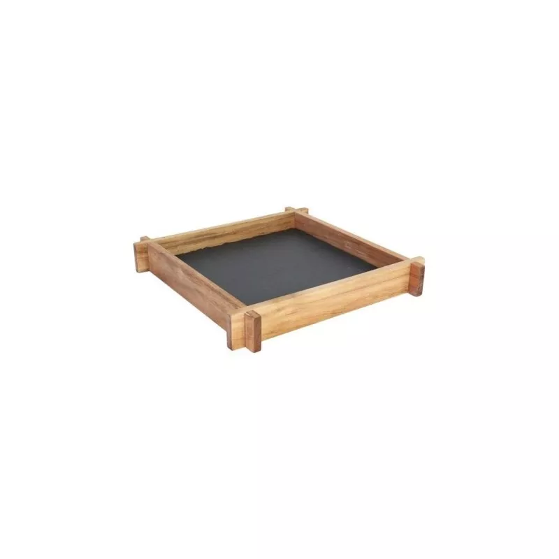 SOPORTE ACACIA +PLATO PIZARRA B839035 cuadrado de madera acacia con acabado natural y superficie de pizarra negra.