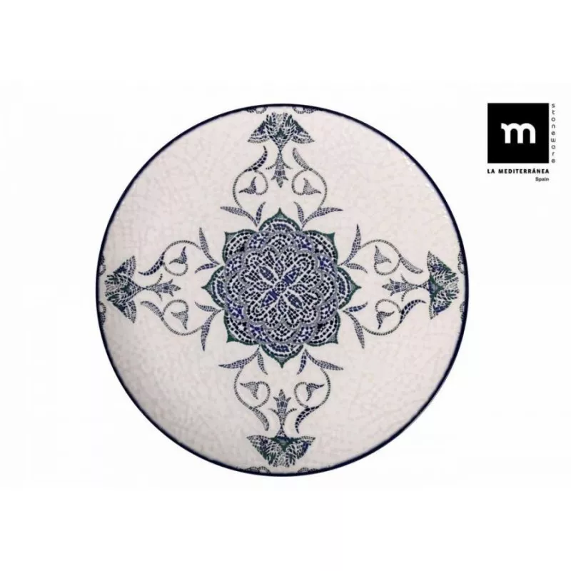 PLATO LLANO 32 CM ROSETTA MONACO J26106 de cerámica blanca con diseño azul y relieve elegante.