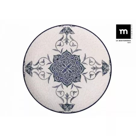 PLATO LLANO 32 CM ROSETTA MONACO J26106 de cerámica blanca con diseño azul y relieve elegante.