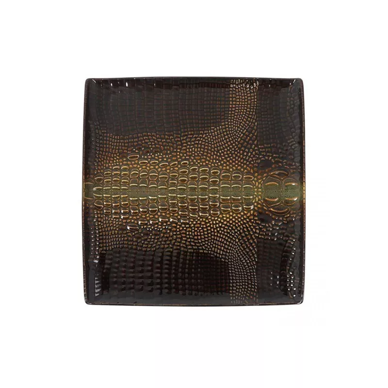 PLATO LLANO COCODRILO 25 CM. B997001 de cerámica negra con acabado brillante y diseño texturizado en relieve.