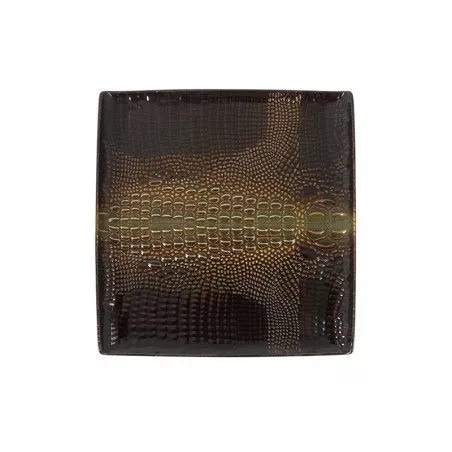 PLATO LLANO COCODRILO 25 CM. B997001 de cerámica negra con acabado brillante y diseño texturizado en relieve.