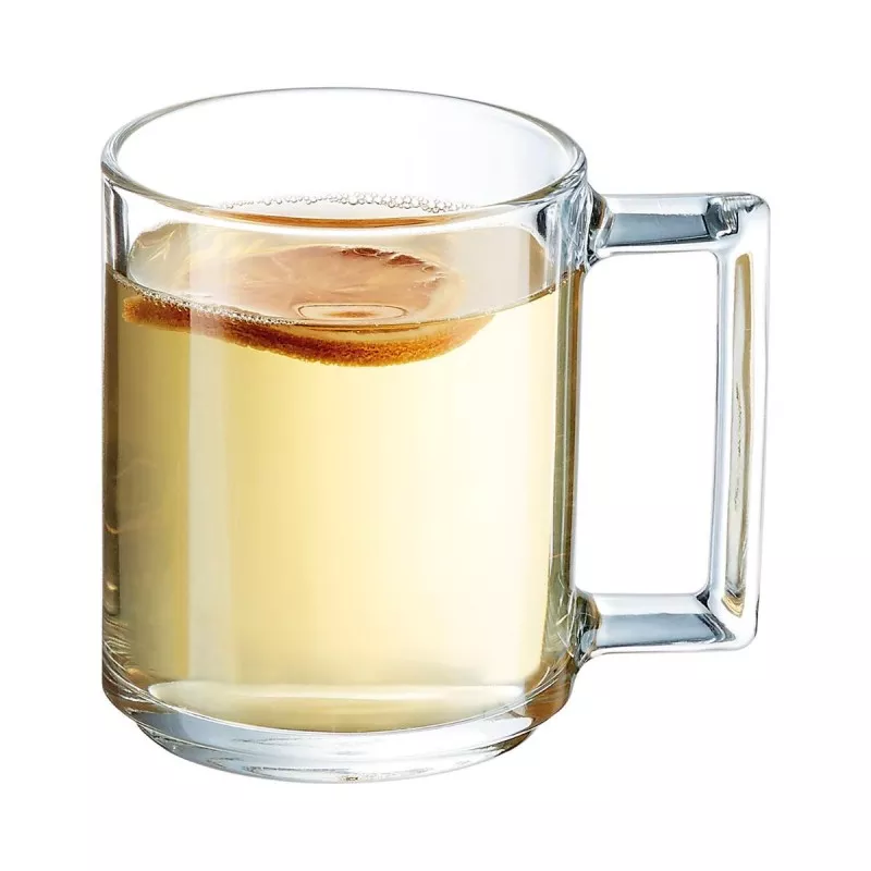 MUG 25 CL LA BONNE HUER LUMINARC 9123566 de vidrio transparente con diseño cuadrado y mango resistente.