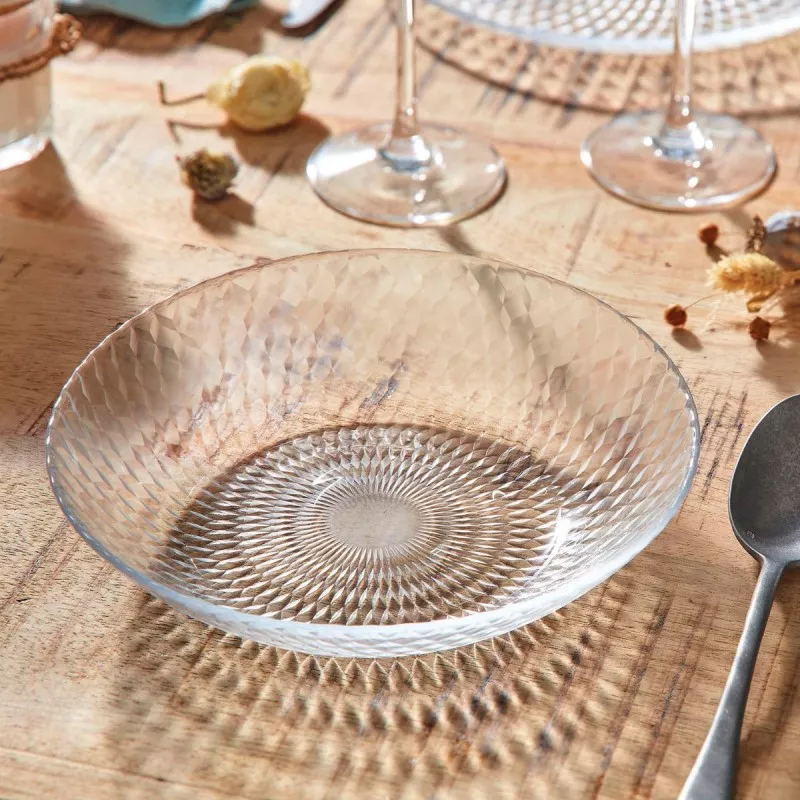 PLATO HONDO 20 CM PAMPILLE CLEAR LUM de cristal transparente, con diseño elegante y acabado texturizado en la superficie.