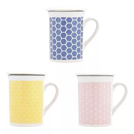MUG 33 CL C/FILTRO PIPPA QUID 5424153 cerámica blanca con patrones coloridos en azul, amarillo y rosa