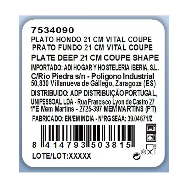 PLATO ARIANE COUPE VITAL HONDO 22 CM de cerámica blanca, diseño elegante y acabado brillante, ideal para uso diario