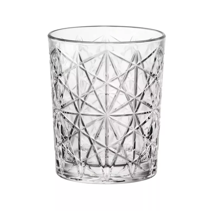 VASO WISKY 39 CL. TALLA LOUNGE de cristal transparente con diseño facetado y elegante acabado brillante.