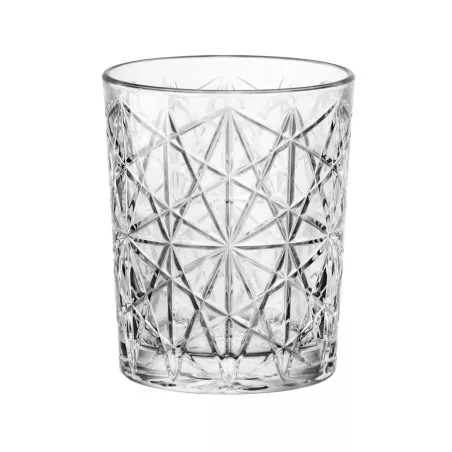 VASO WISKY 39 CL. TALLA LOUNGE de cristal transparente con diseño facetado y elegante acabado brillante.
